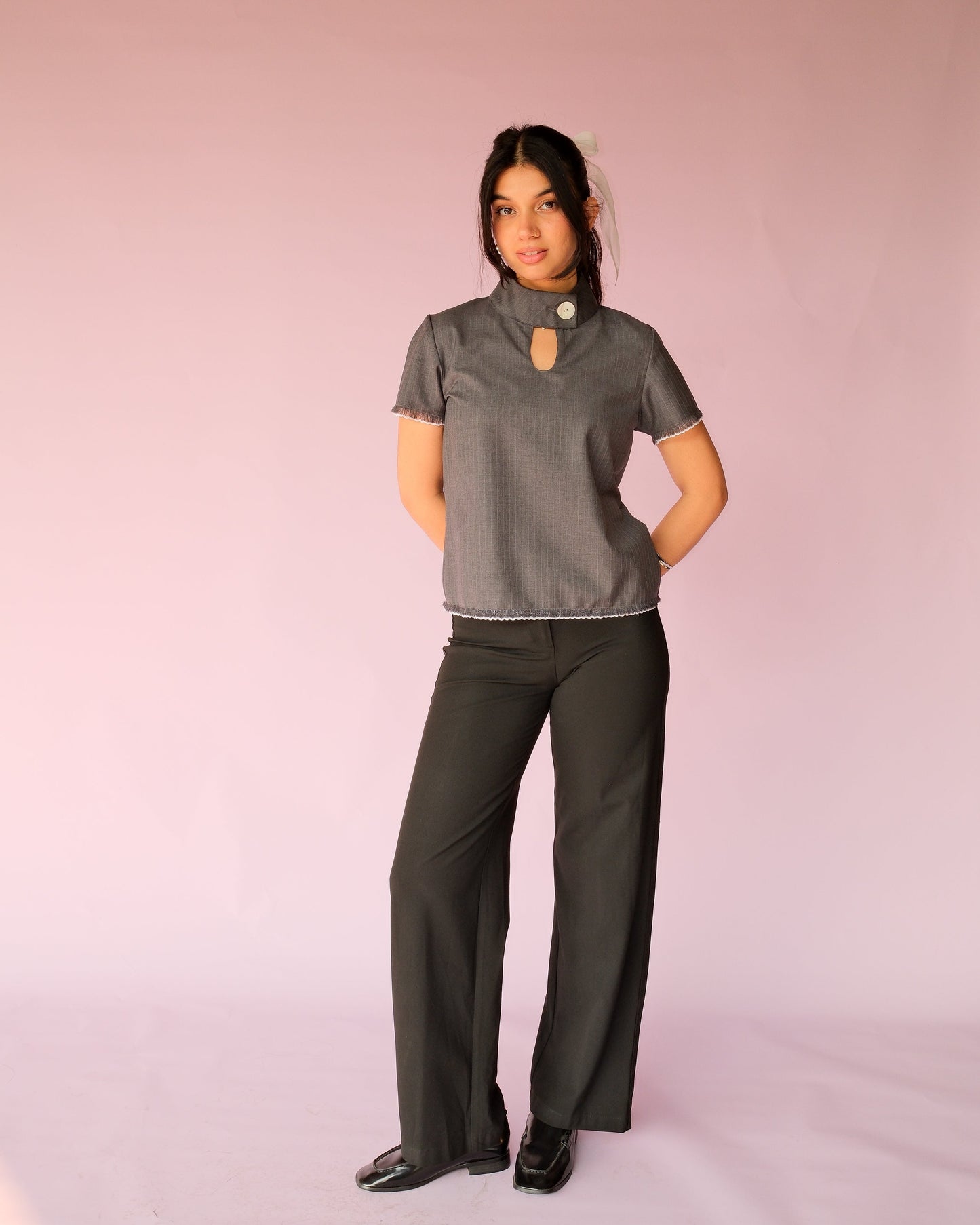Grey Band Collar Top
