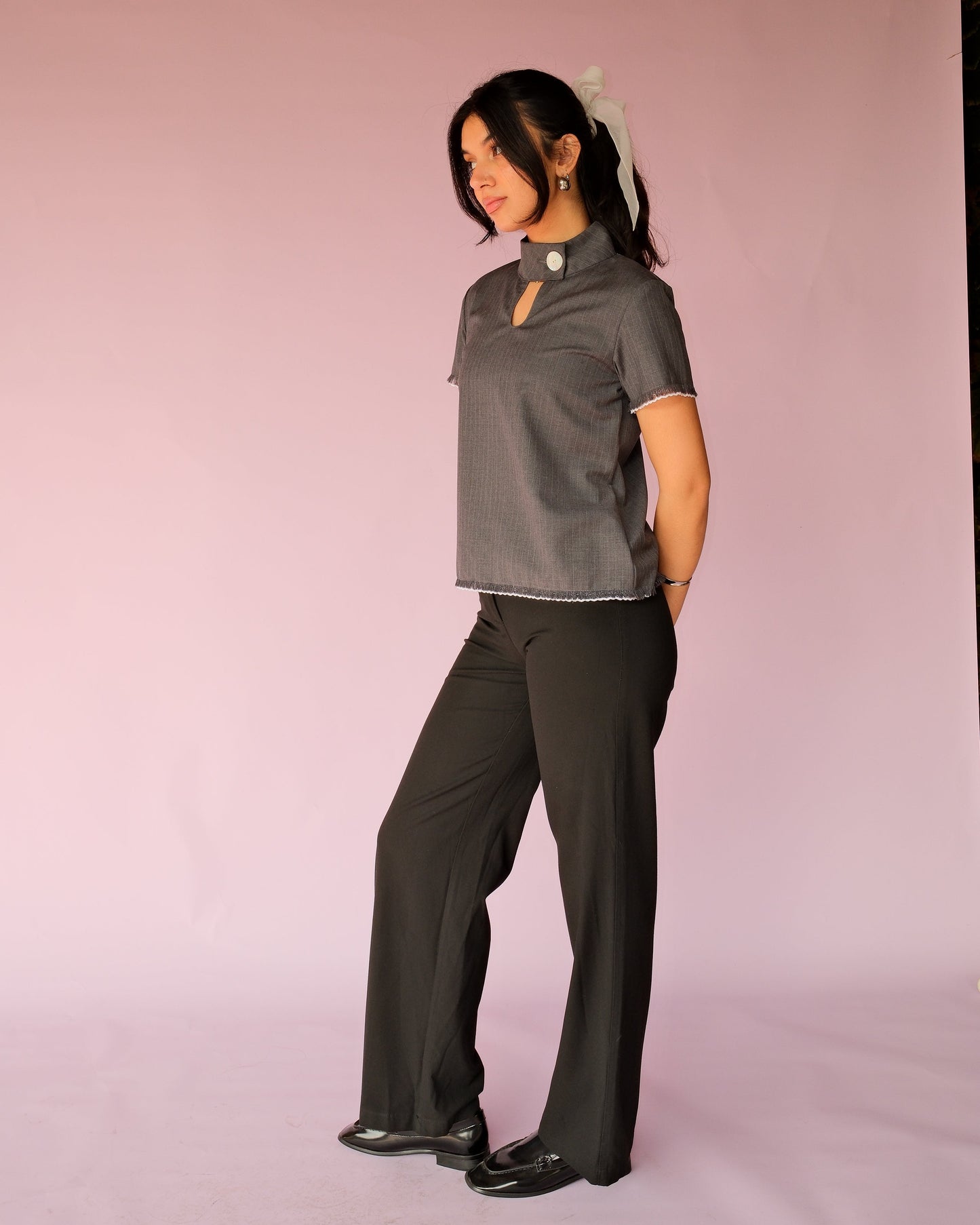 Grey Band Collar Top