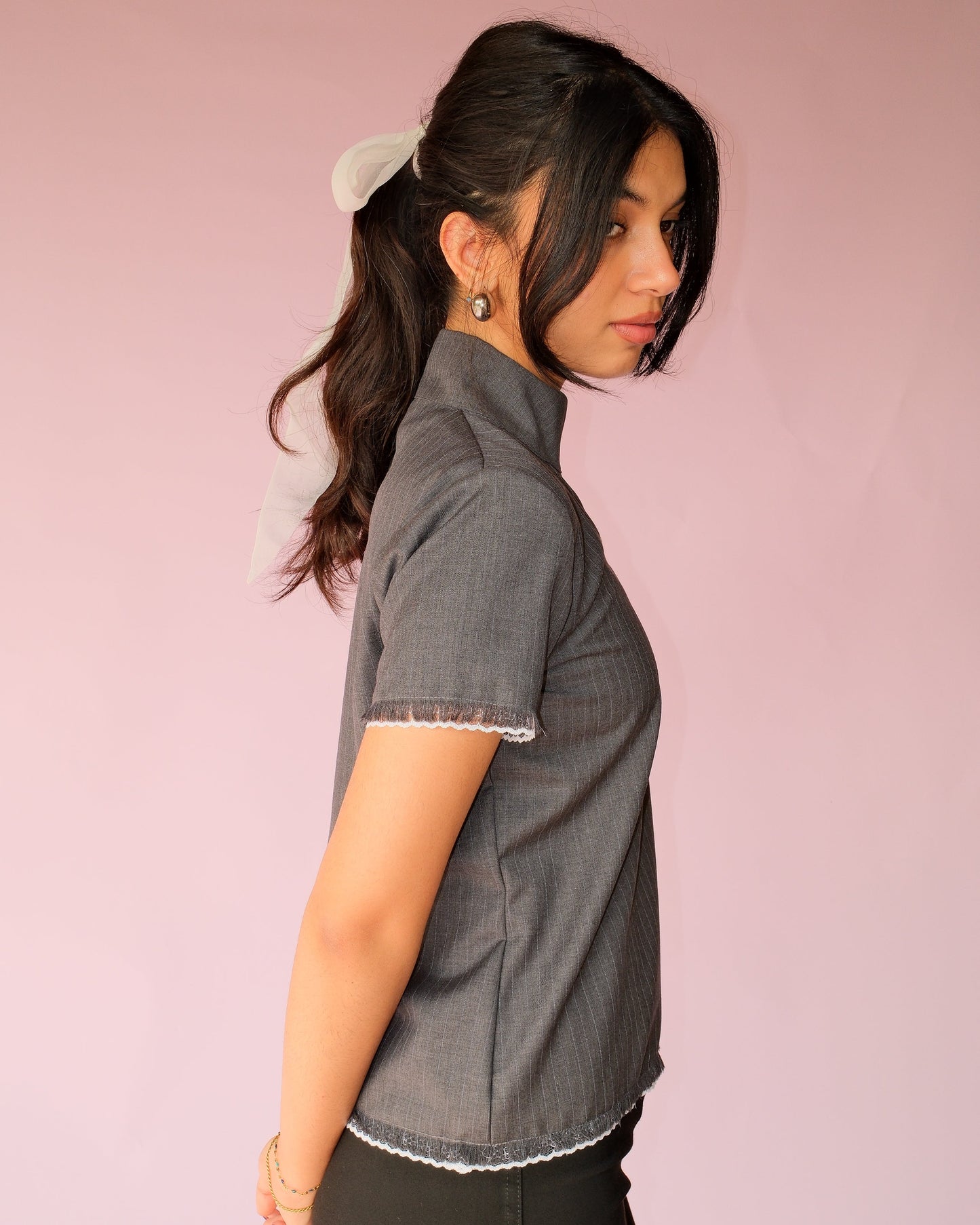 Grey Band Collar Top