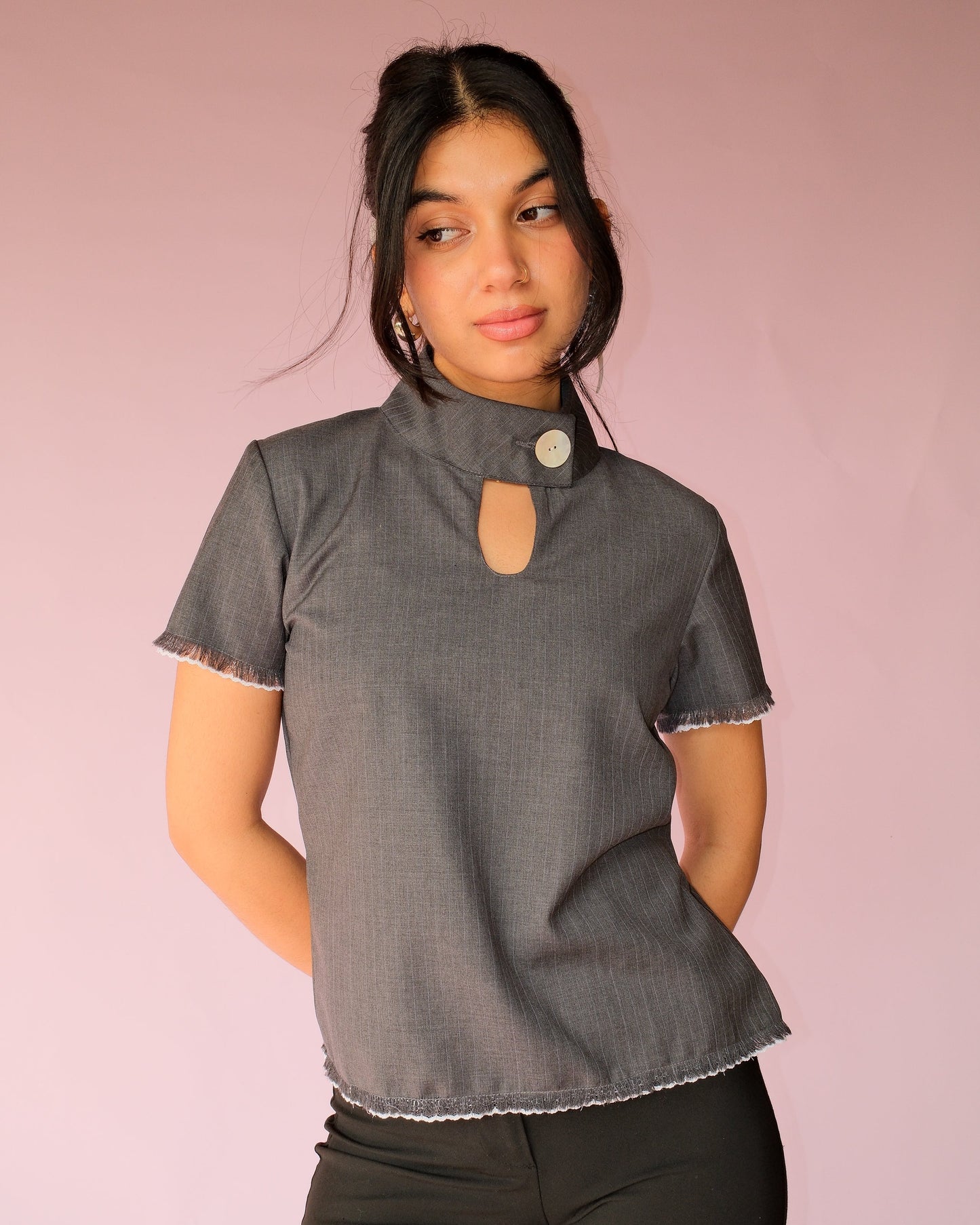 Grey Band Collar Top