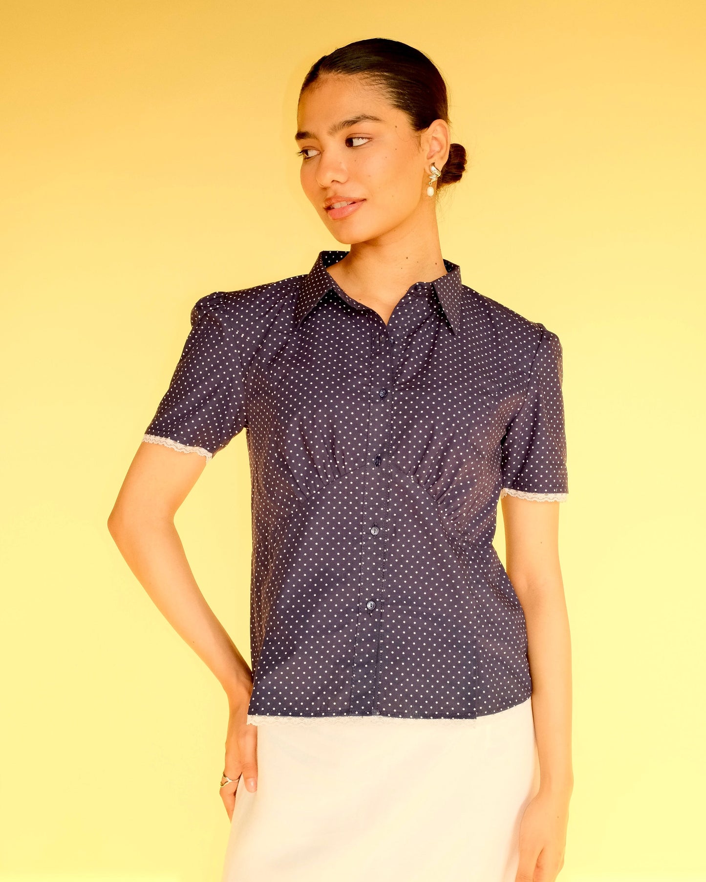 Polka Dot Lace-Trim Shirt