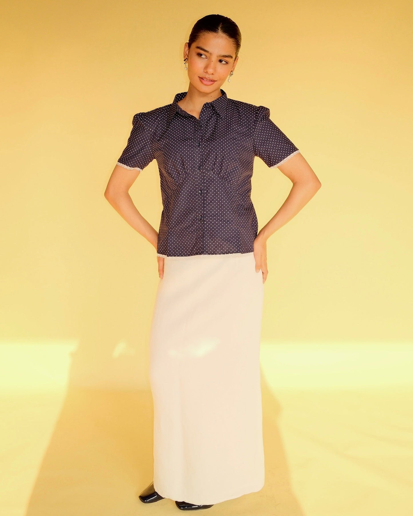Polka Dot Lace-Trim Shirt